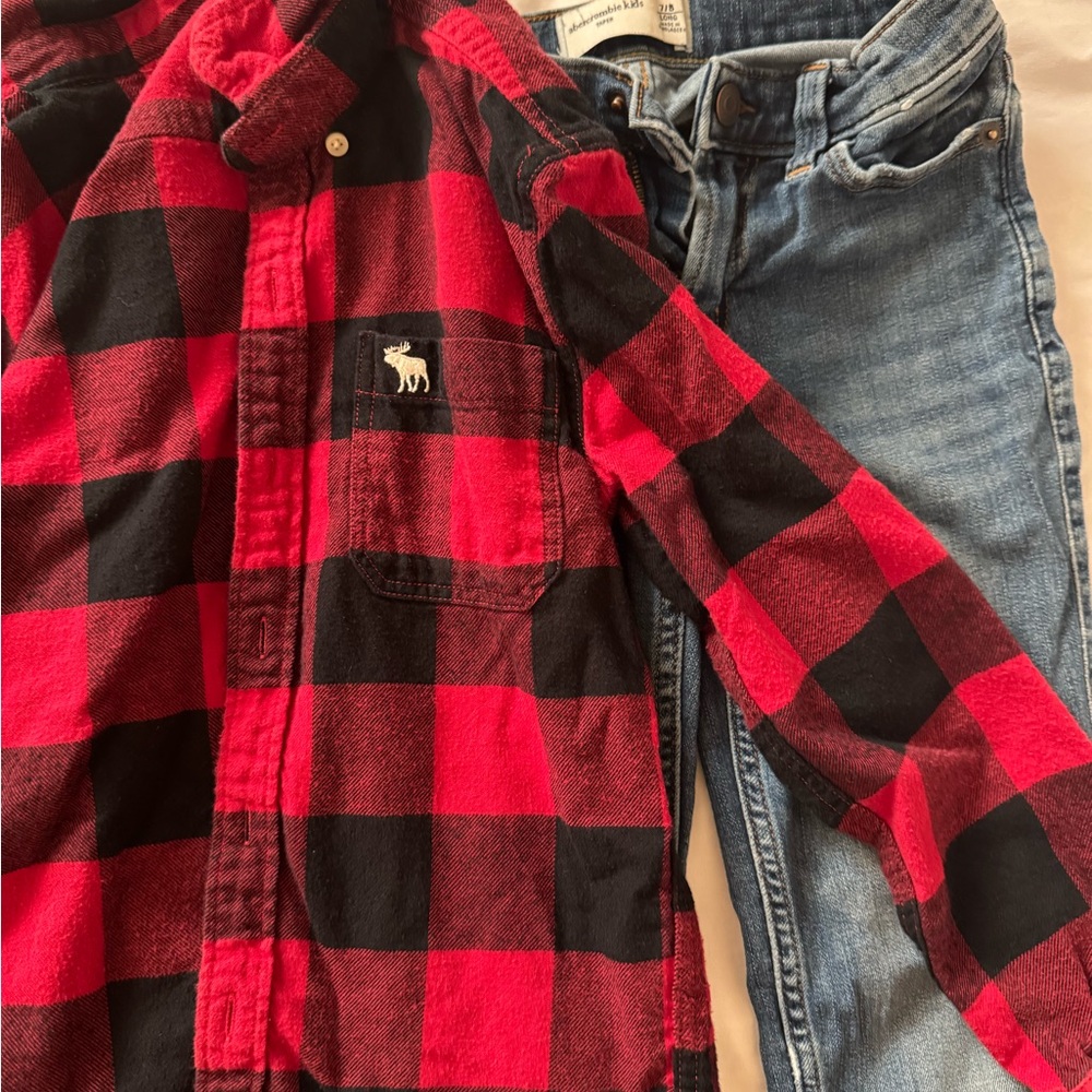 Abercrombie Kids Blue Denim Jeans and plaid long sleeve size 7/8
